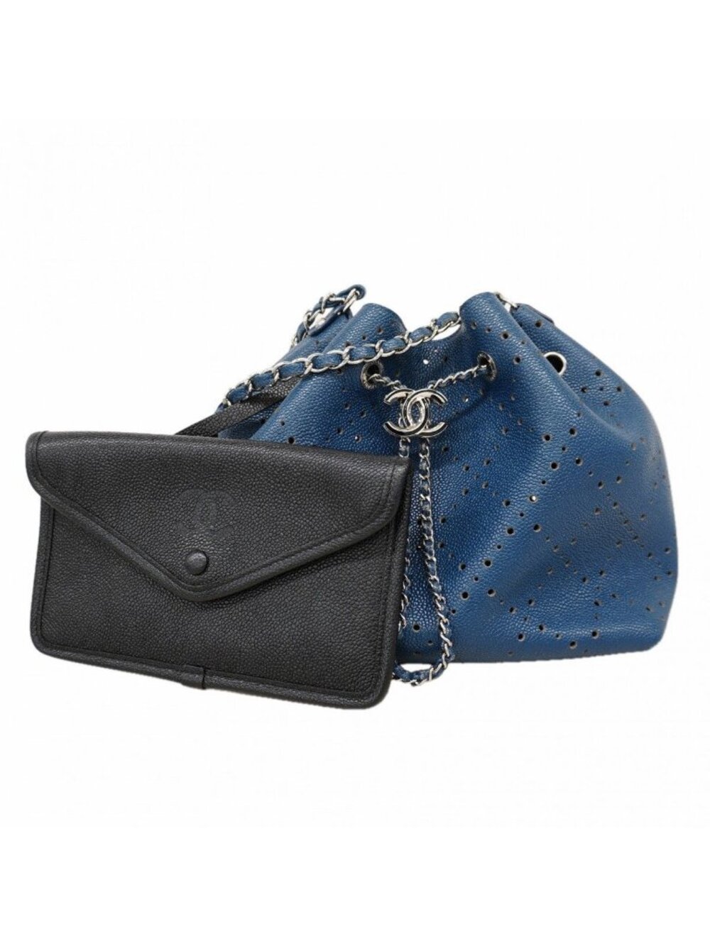 Chanel Shoulder Bag Caviar Leather Blue Silver